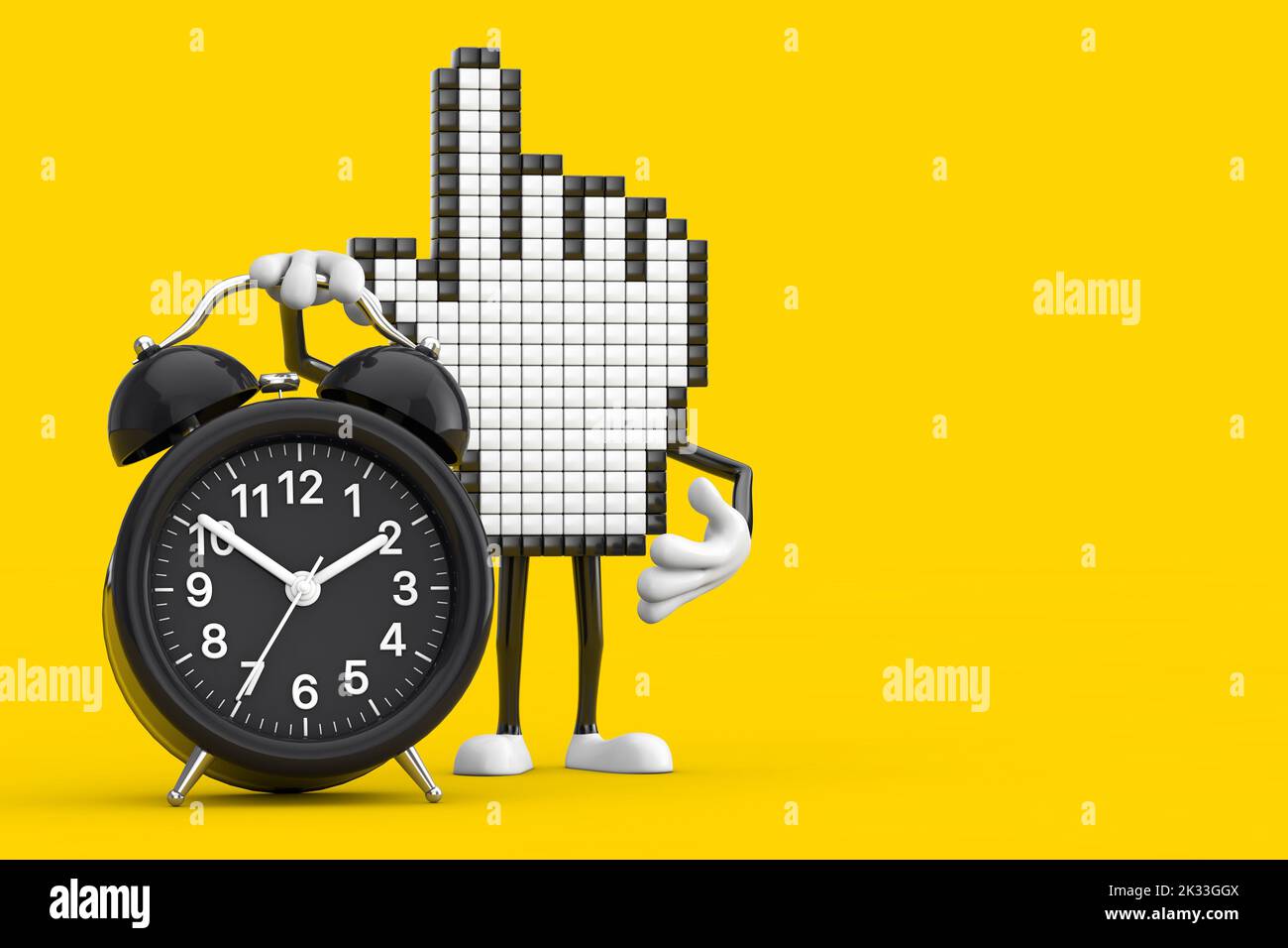 Pixel mano cursore Mascot personaggio persona con sveglia orologio su uno sfondo giallo. rendering 3D Foto Stock