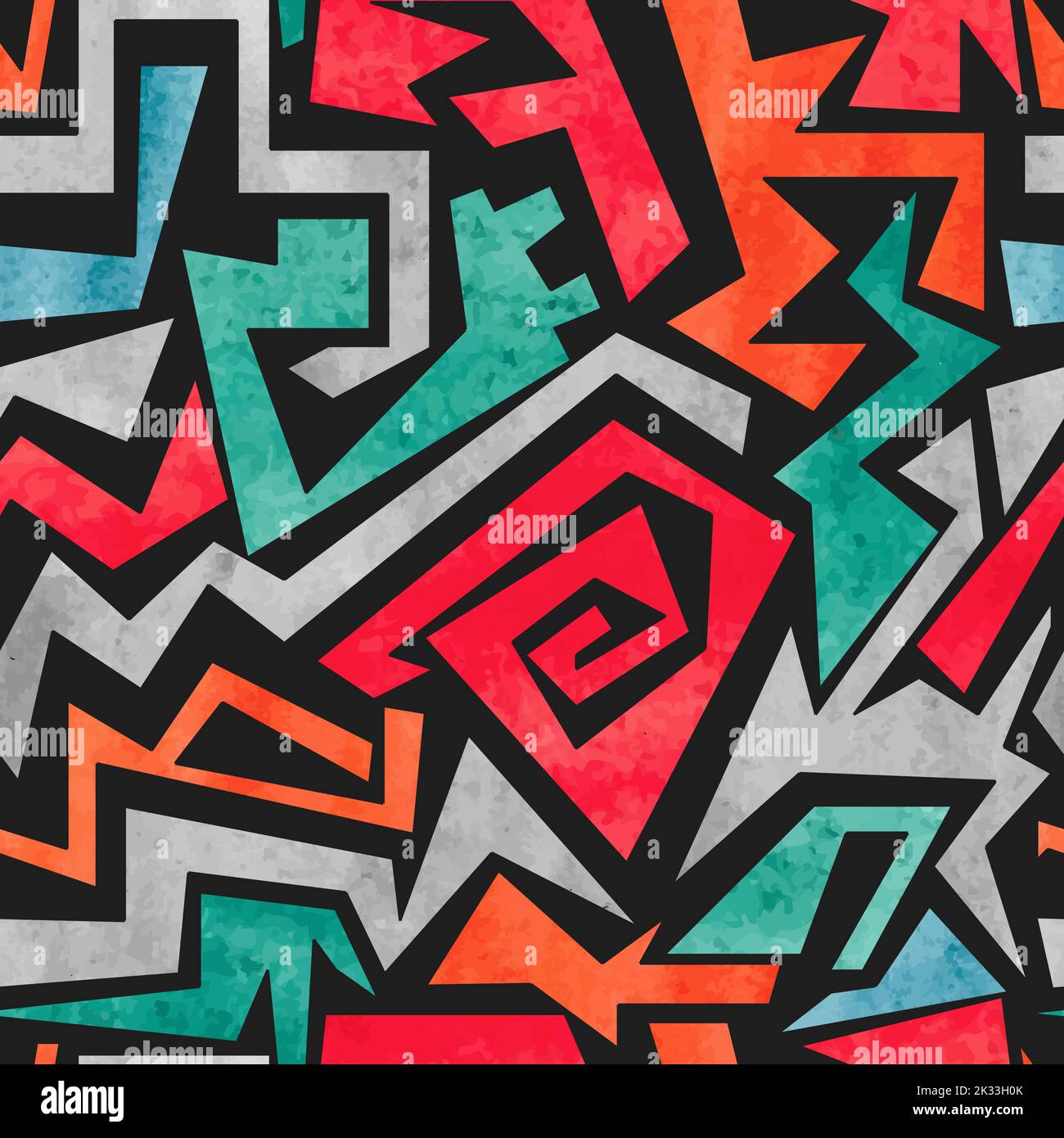 Motivo senza cuciture con graffiti watercolor. Sfondo astratto geometrico colorato vettoriale nei colori rosso, arancione e blu Illustrazione Vettoriale