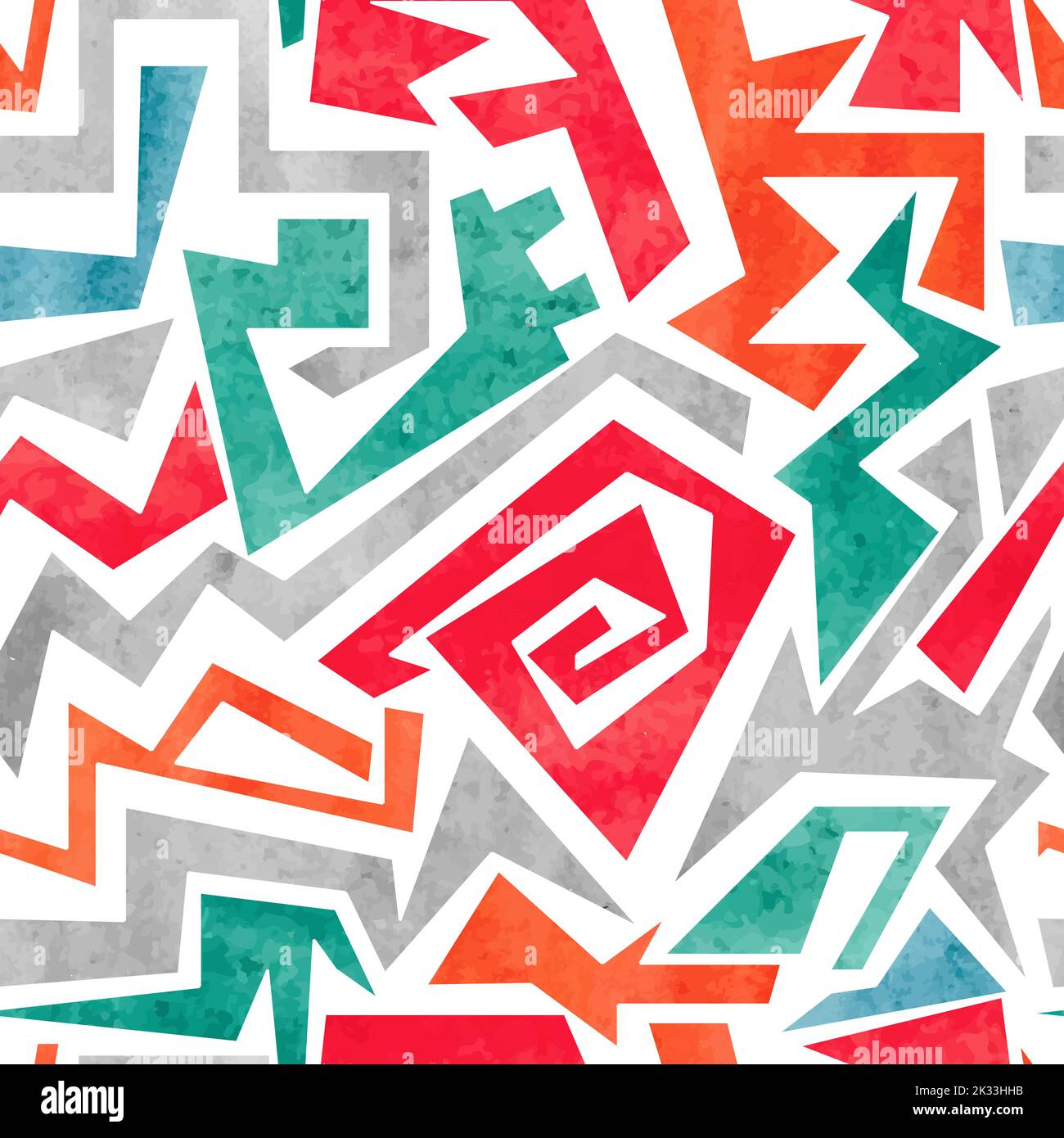 Watercolor graffiti motivo colorato senza cuciture nei colori rosso, arancione e blu. Sfondo astratto geometrico vettoriale Illustrazione Vettoriale