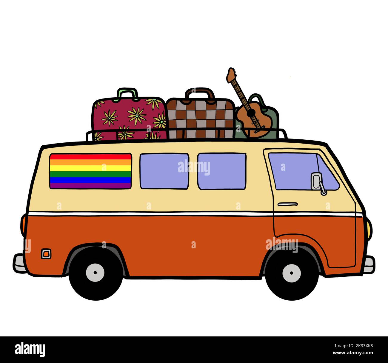 Un camper con valigia da viaggio e la chitarra in cima con una bandiera arcobaleno gay Pride lgbtq. Van vita viaggio di strada in vacanza estiva concetto Foto Stock