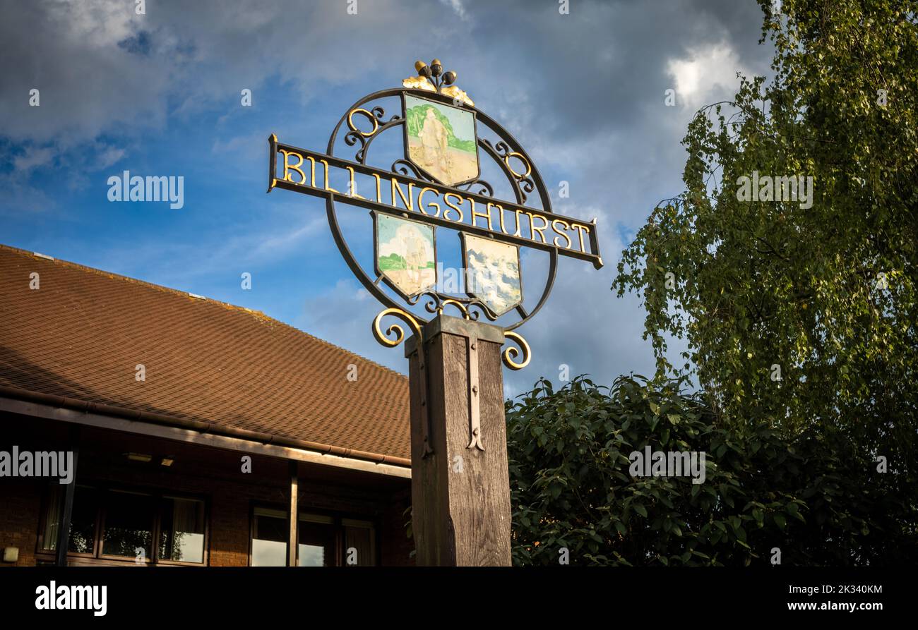 Cartello con il nome del villaggio di Billingshurst in West Sussex, Regno Unito. Foto Stock