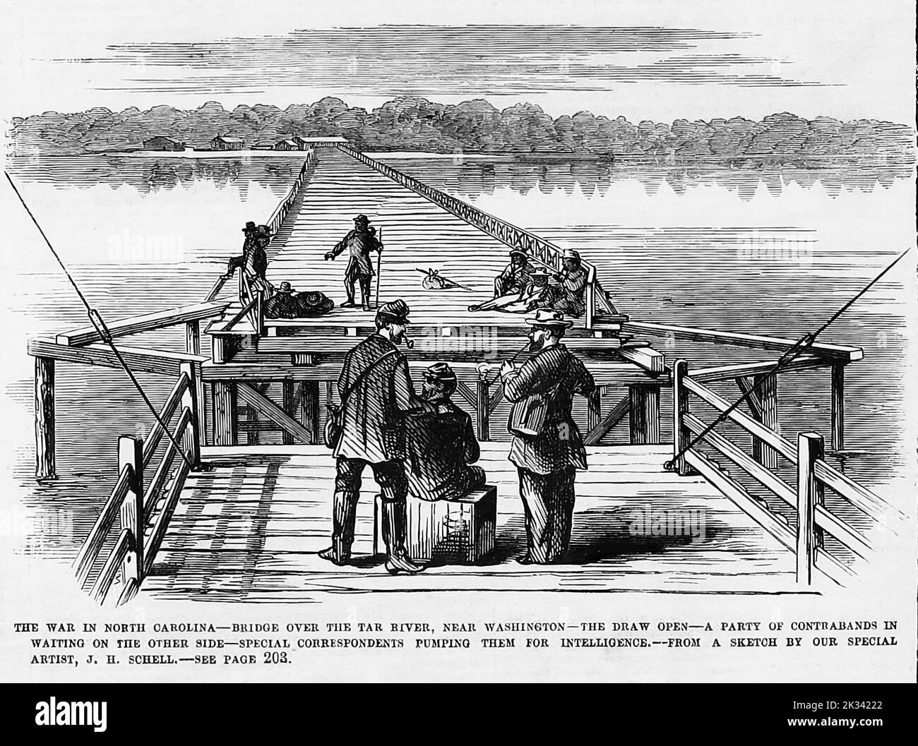 La guerra nel North Carolina - Ponte sopra il fiume Tar, vicino a Washington - il pareggio aperto - Un partito di contrabbandi in attesa dall'altra parte - corrispondenti speciali che li pompano per l'intelligenza. Giugno 1862. Illustrazione della guerra civile americana del 19th° secolo dal quotidiano illustrato di Frank Leslie Foto Stock