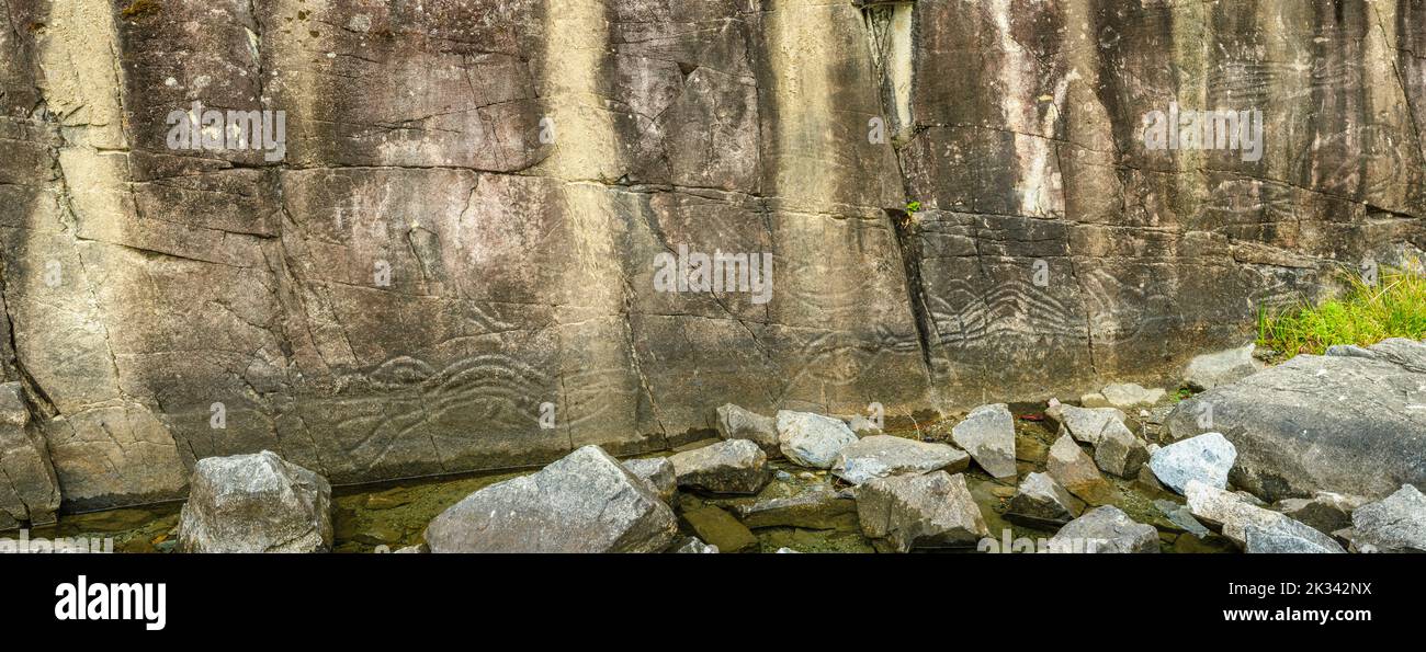 Petroglifi su una parete rocciosa che si innalza dal lago Sproat vicino a Port Alberni, BC Foto Stock