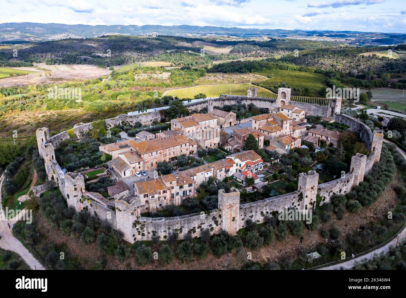 Veduta aerea, Monteriggioni, Provincia di Siena, Toscana, Italia Foto Stock