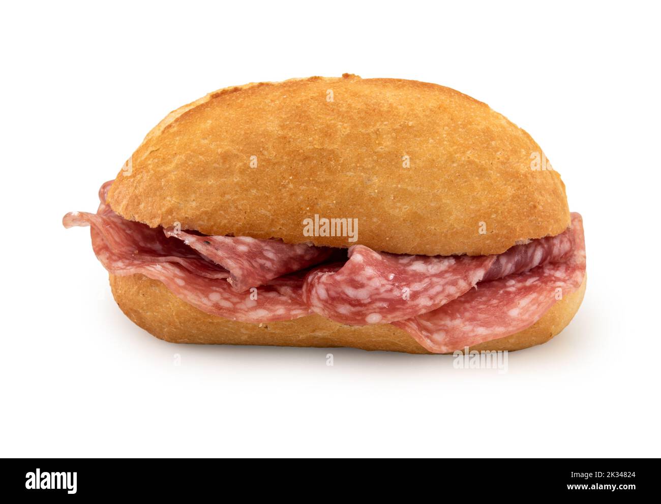 Panino farcito con salame di salsiccia, sandwich isolato su bianco, tagliubbiette Foto Stock