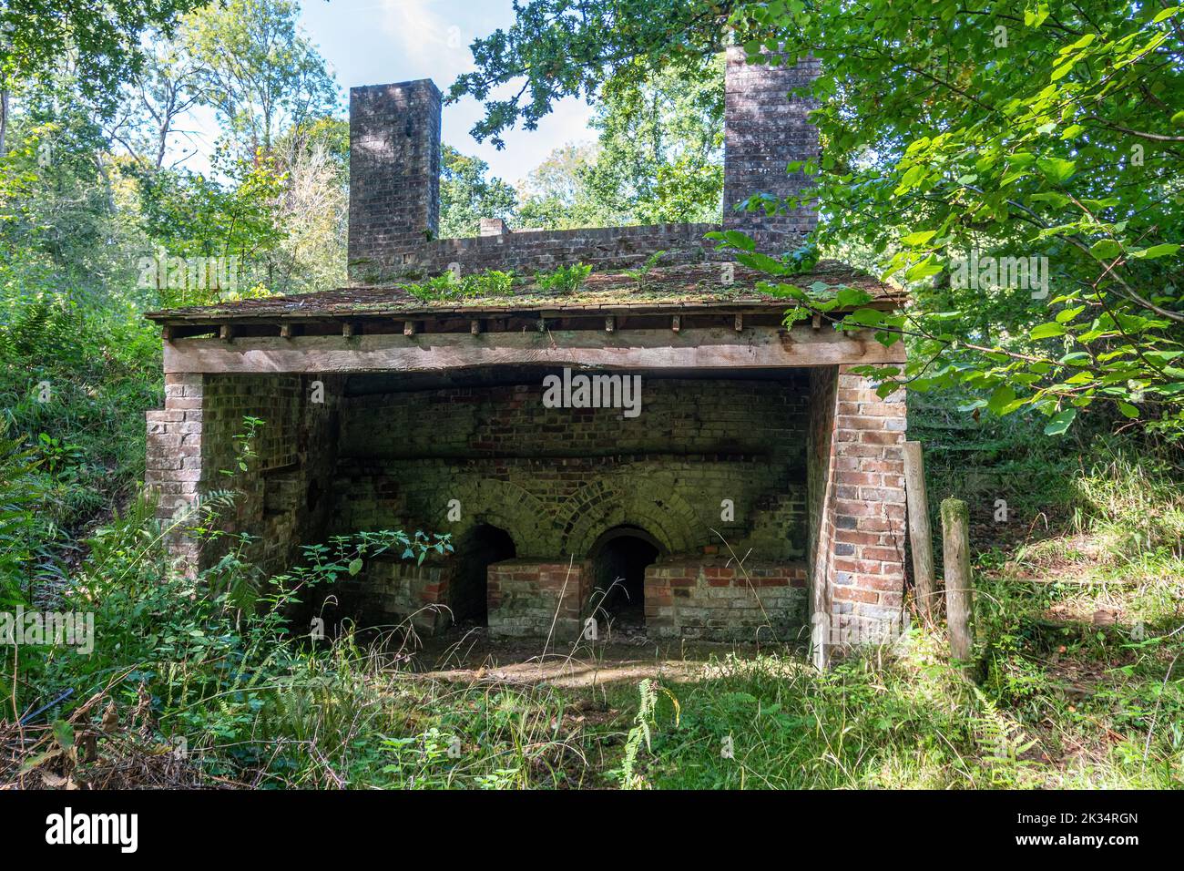 Ebernoe resti comuni di vecchi edifici in mattoni e forno nel bosco, Sussex occidentale, Inghilterra, Regno Unito Foto Stock