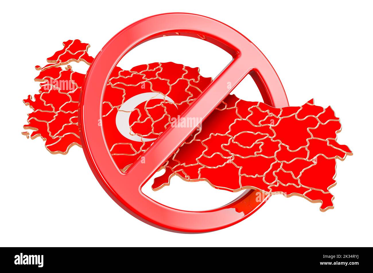Mappa turca con cartello vietato, 3D rendering isolato su sfondo bianco Foto Stock