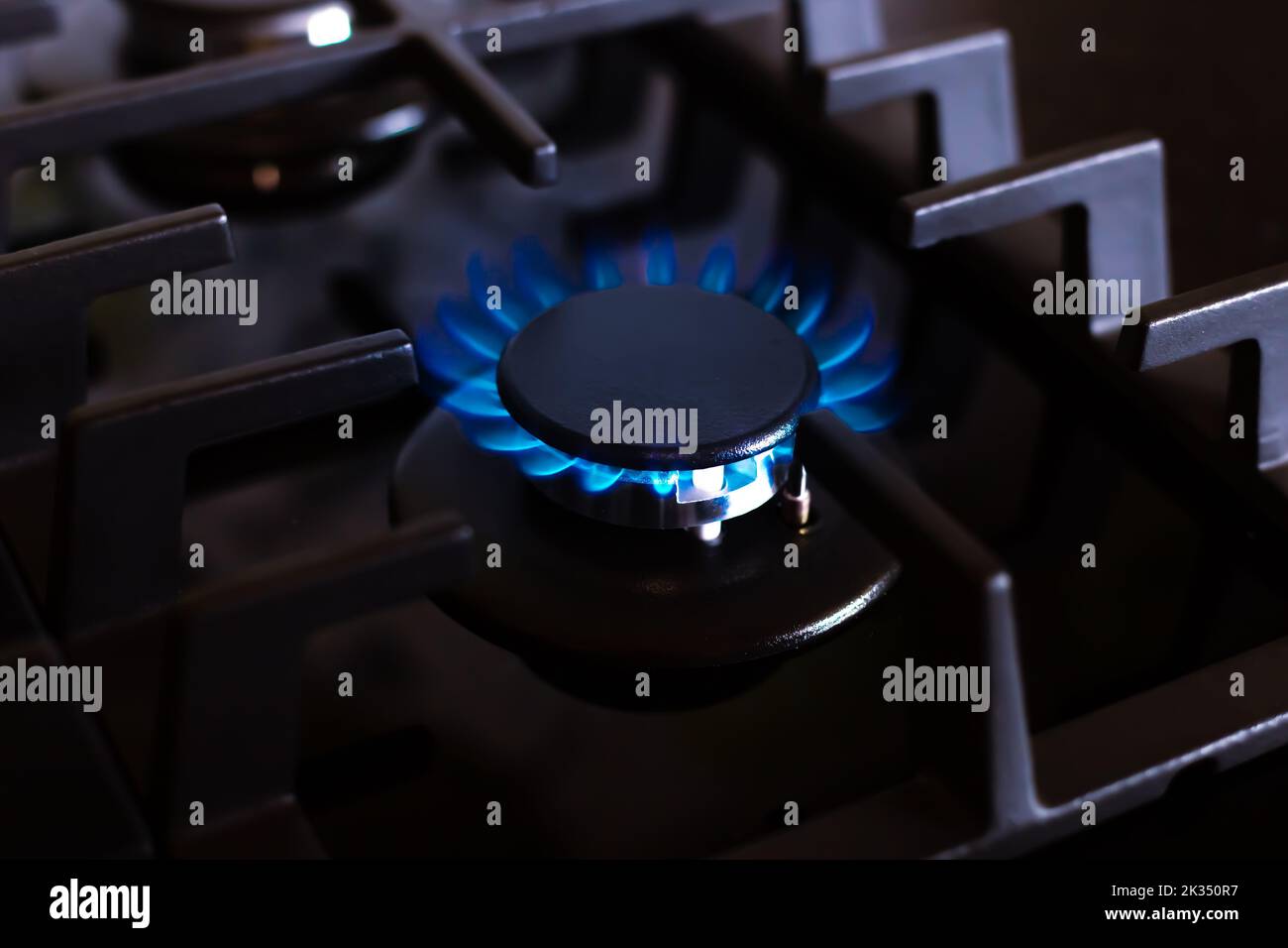 Il bruciatore a gas della stufa nera brucia con una fiamma blu. Produzione ed uso di combustibili fossili. Foto Stock