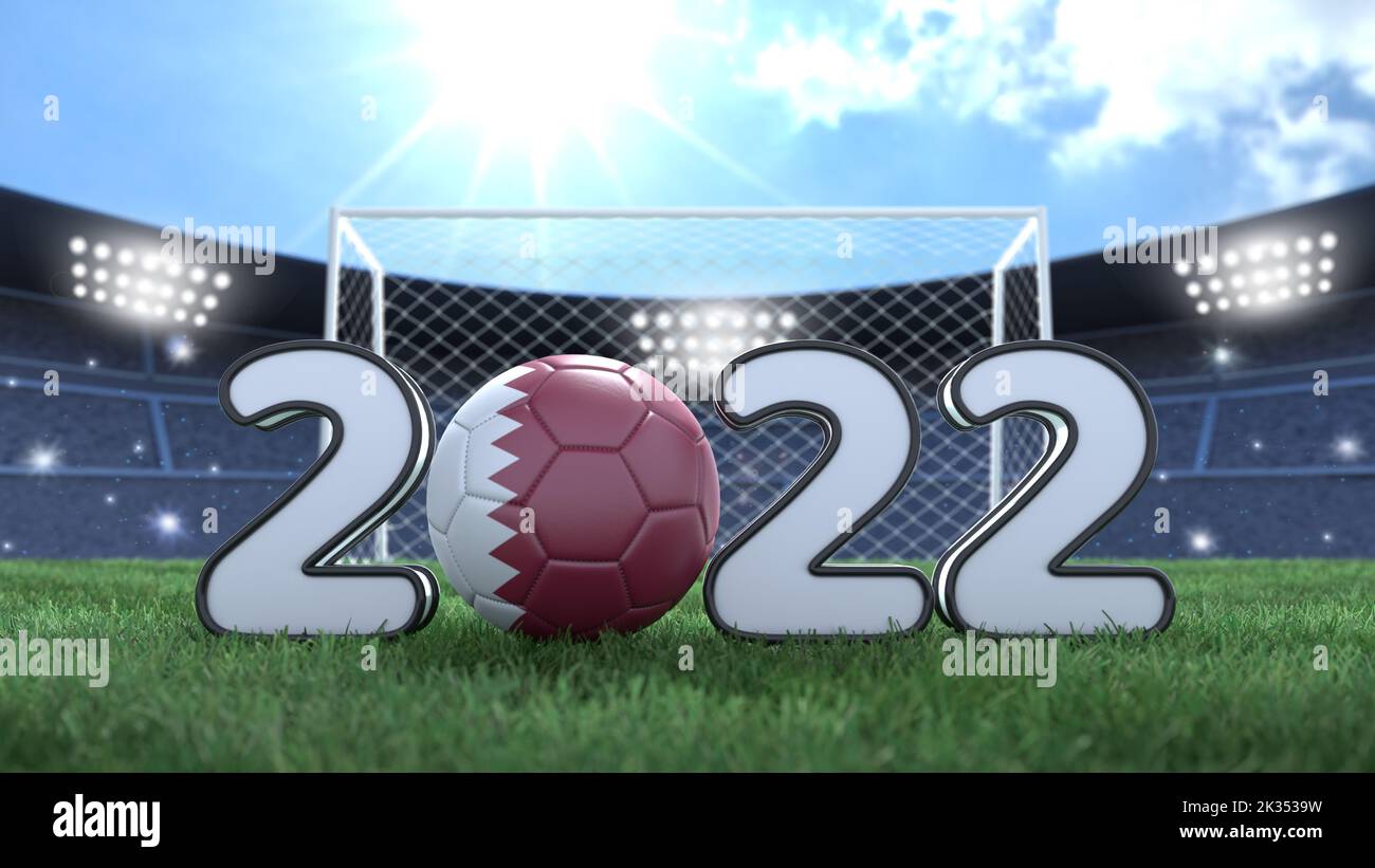 illustrazione 2022. Palla nei colori bandiera Qatari. Sfondo luminoso dello stadio. Immagine 3D Foto Stock