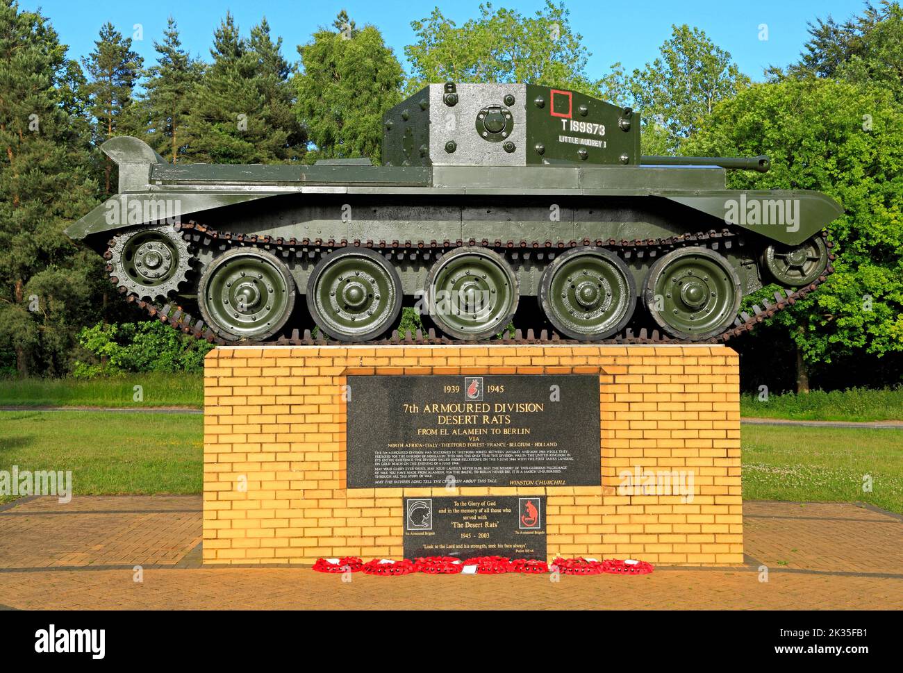 Desert Rats Memorial, 7th Divisione blindata, Tank, WW2, Foresta di Thetford, Norfolk, Inghilterra, Regno Unito 2 Foto Stock