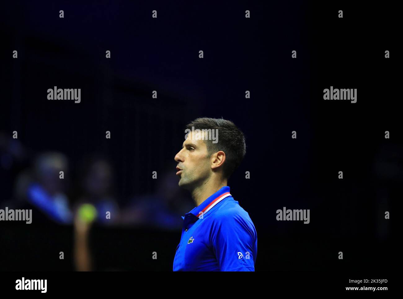 Londra, Gran Bretagna. 24th Set, 2022. Il Novak Djokovic di Team Europe reagisce durante una partita contro Frances Tiafoe di Team World al torneo di tennis Laver Cup di Londra, Gran Bretagna, 24 settembre 2022. Credit: Li Ying/Xinhua/Alamy Live News Foto Stock