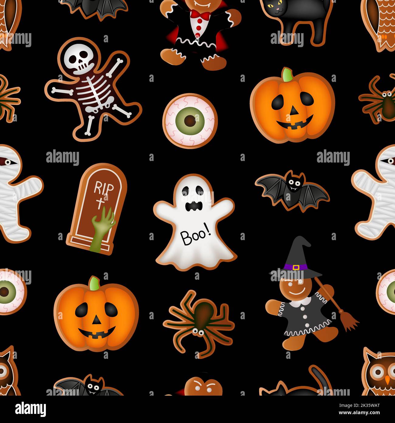 Texture di Halloween. Motivo senza cuciture con caramelle di Halloween, ciambelle e dolci Illustrazione Vettoriale
