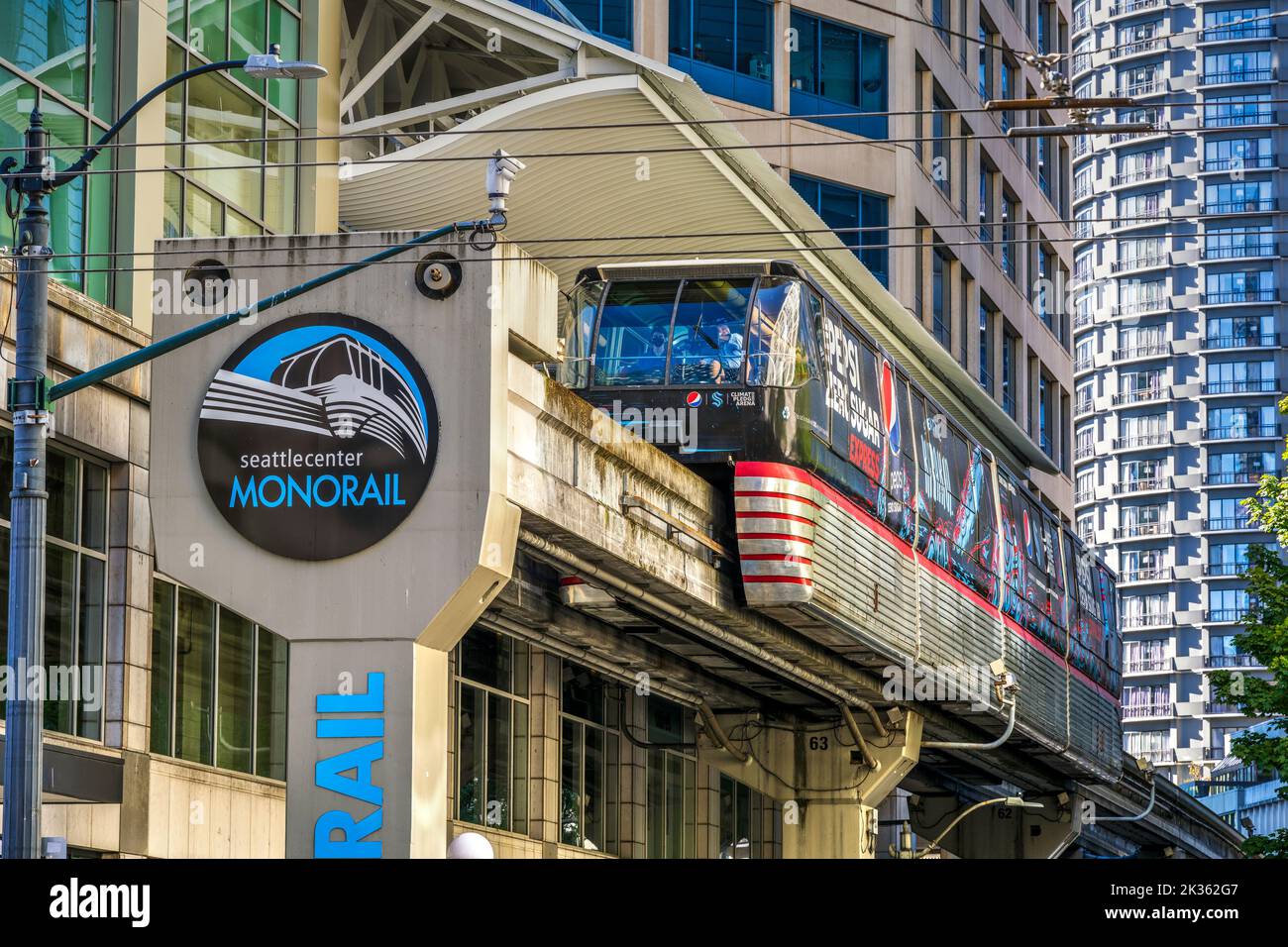 Seattle Center Monorail a Westlake, Seattle, Washington, Stati Uniti d'America Foto Stock