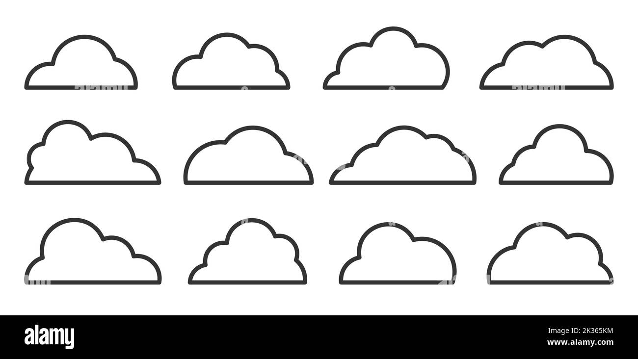 Insieme di icone di linee sottili nere. Traccia del database, della rete, del cloud storage su Internet. Forme diverse astratte simbolo di previsione meteo lineare e soffice. Logo della bolla del parlato, modello di disegno del banner Web Illustrazione Vettoriale