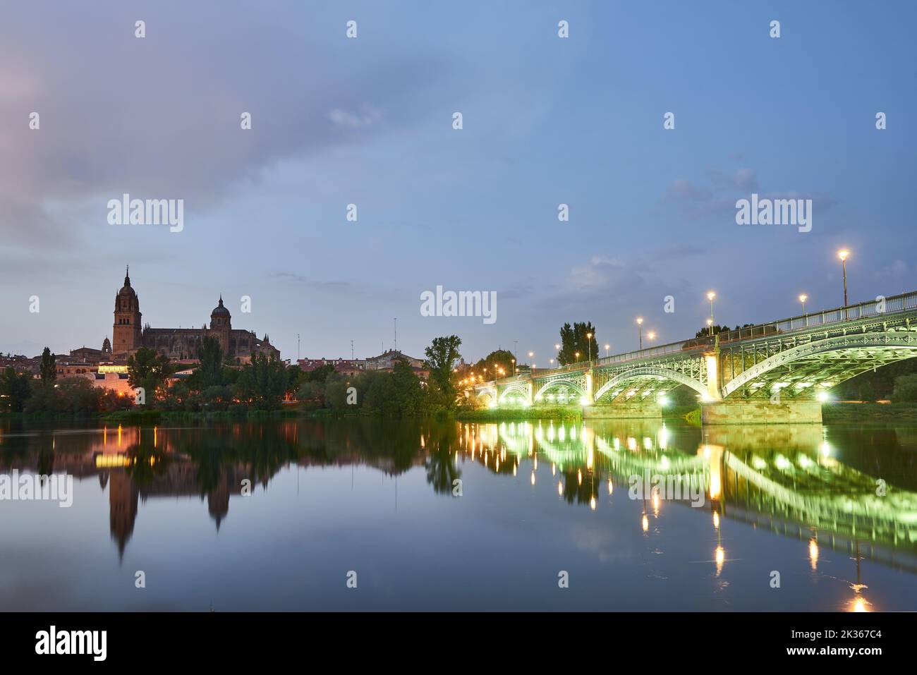 La Cattedrale di Salamanca di notte e il Ponte Esteban Enrique vista dal fiume Tormes, città di Salamanca, Spagna, Europa. Foto Stock