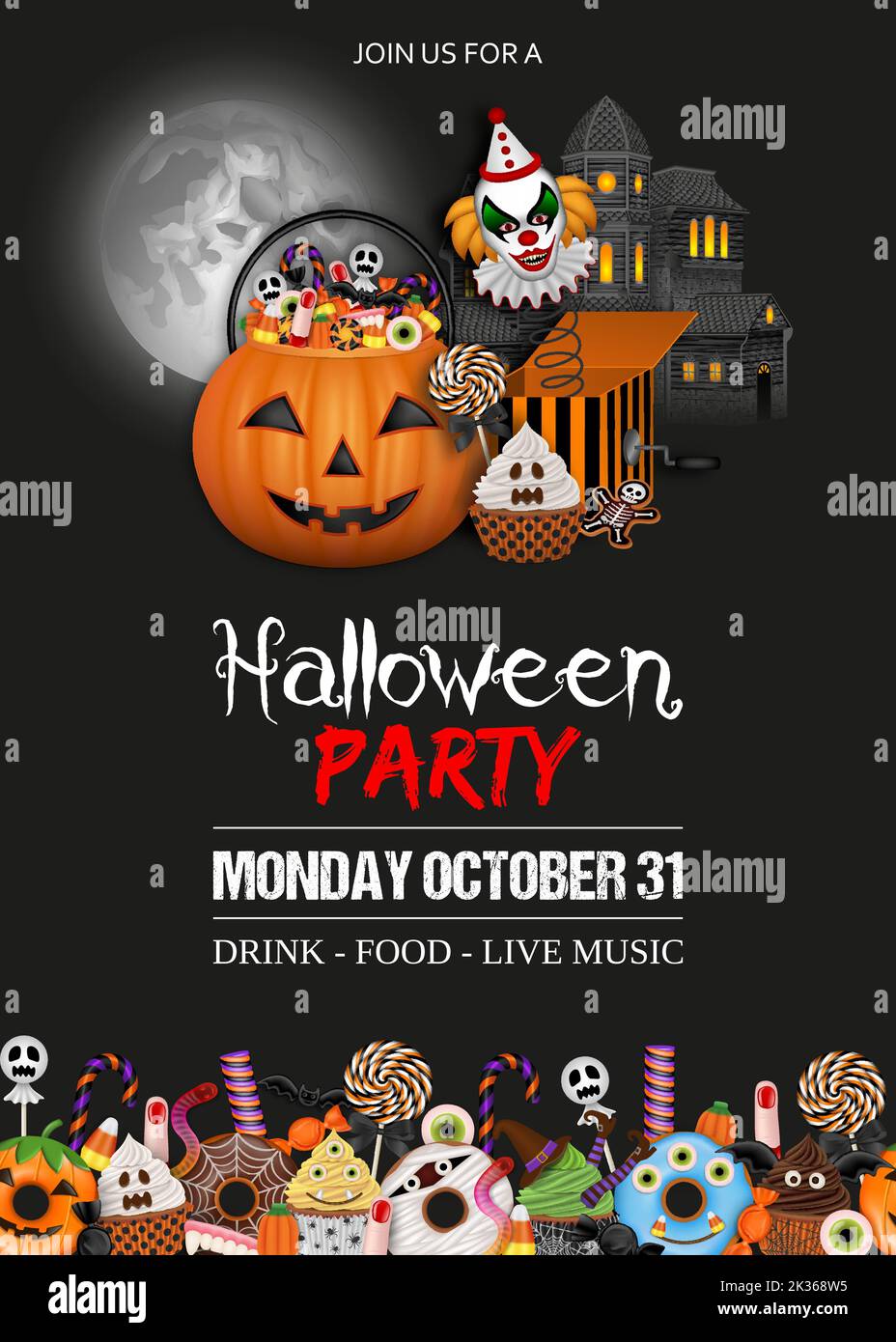 Poster di Halloween con secchio di zucca e la casa infestata sul paesaggio spettrale Illustrazione Vettoriale