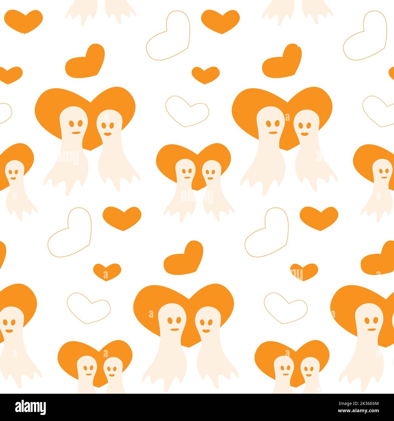 Modello senza cuciture per Halloween con due fantasmi in forme d'amore e cuore in tonalità arancio alla moda. Isolare. Halloween felice. Adatto per carta da imballaggio, poster, cartoline, biglietti d'auguri, prezzi, banner. Illustrazione Vettoriale