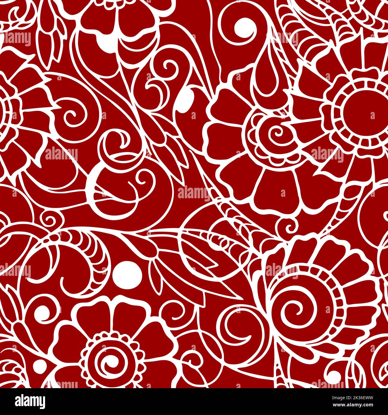 contorno senza cuciture di grandi fiori grafici bianchi su sfondo rosso, texture, design Foto Stock