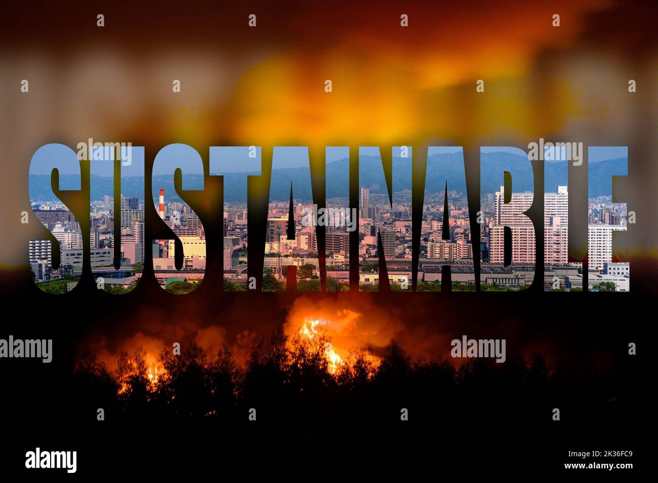 Concetto di sostenibilità domanda mostrando per immagine di città in parola dice sostenibile circondato da un incendio che bruciare la foresta e la natura. Foto Stock