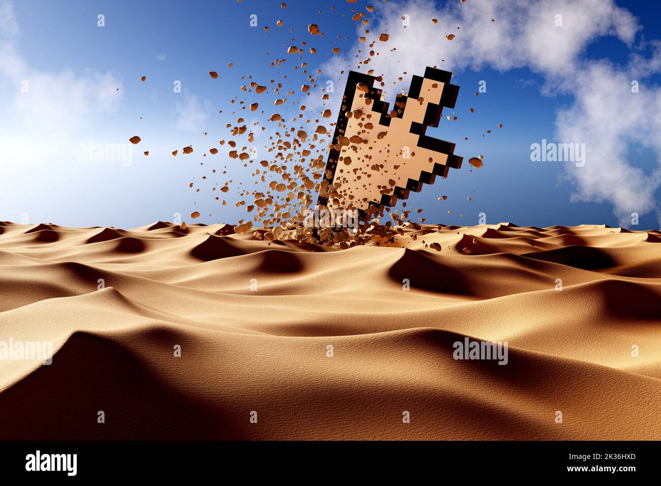 Errore di caduta si è bloccato computer mouse puntatore pixel puntatore pixel nel deserto con esplosione - 3D Illustrazione Foto Stock