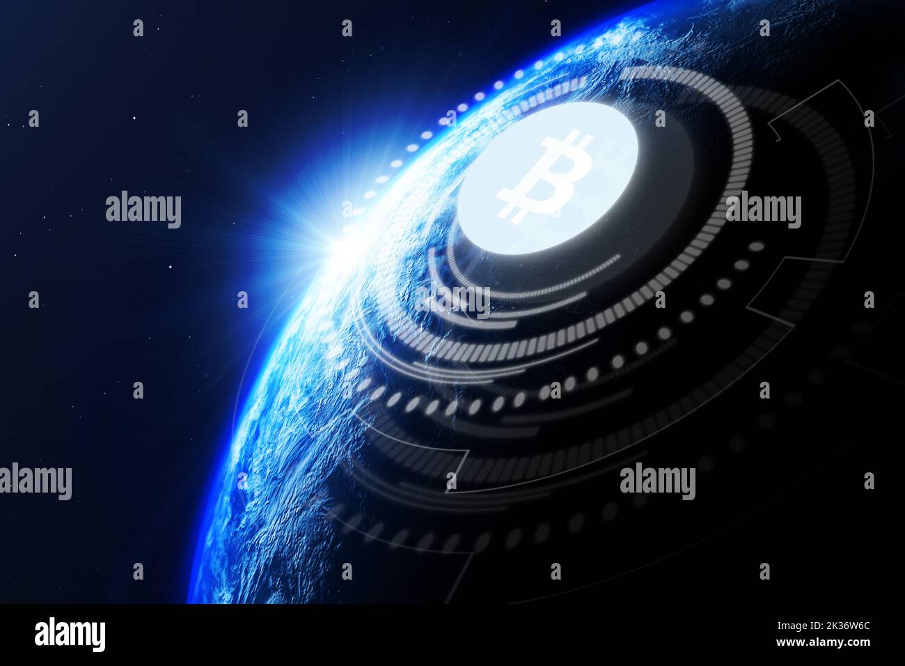 Pianeta Terra con moderno ologramma bitcoin ad alta tecnologia. Il concetto di cambio internazionale di valuta Crypto Foto Stock