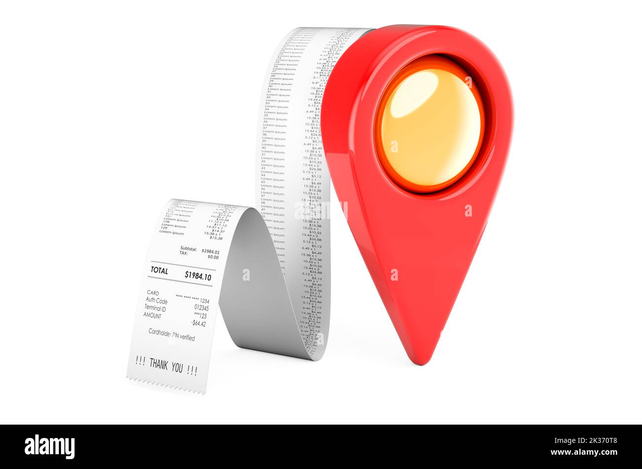 Stampa ricevuta con puntatore mappa. Concetto di shopping location, rendering 3D isolato su sfondo bianco Foto Stock