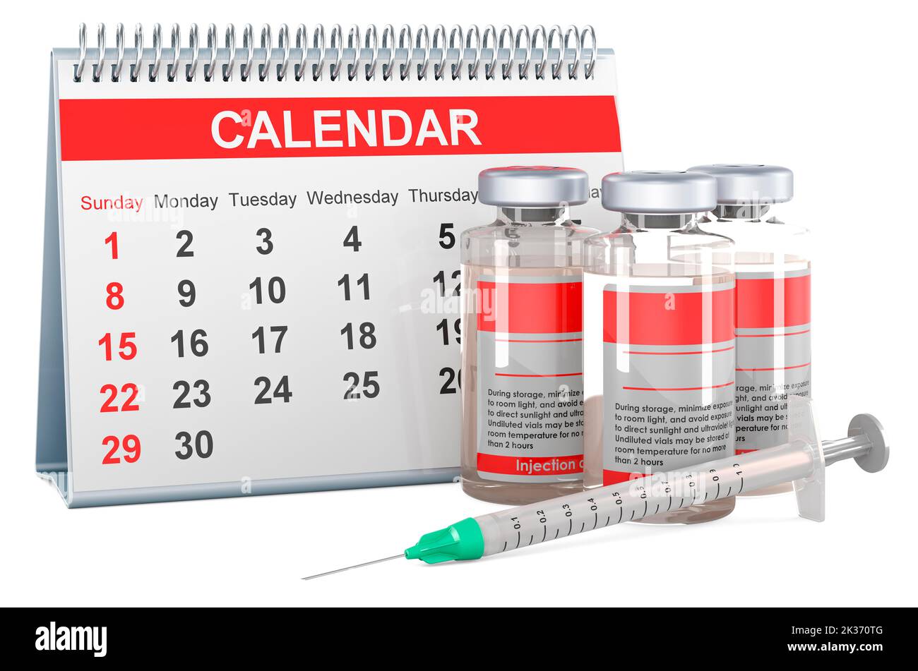 Calendario della vaccinazione, concetto di scheduler del vaccino, 3D rendering isolato su sfondo bianco Foto Stock