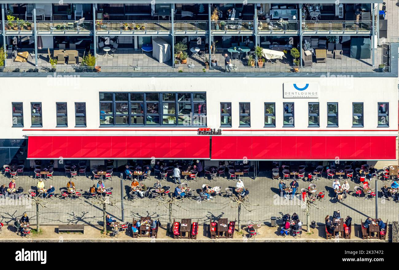 Vista aerea, caffè Extrablatt con ristorante all'aperto nel quartiere Ruhr-Aue, Herdecke, zona Ruhr, Renania settentrionale-Vestfalia, Germania, Catering all'aperto, Foto Stock