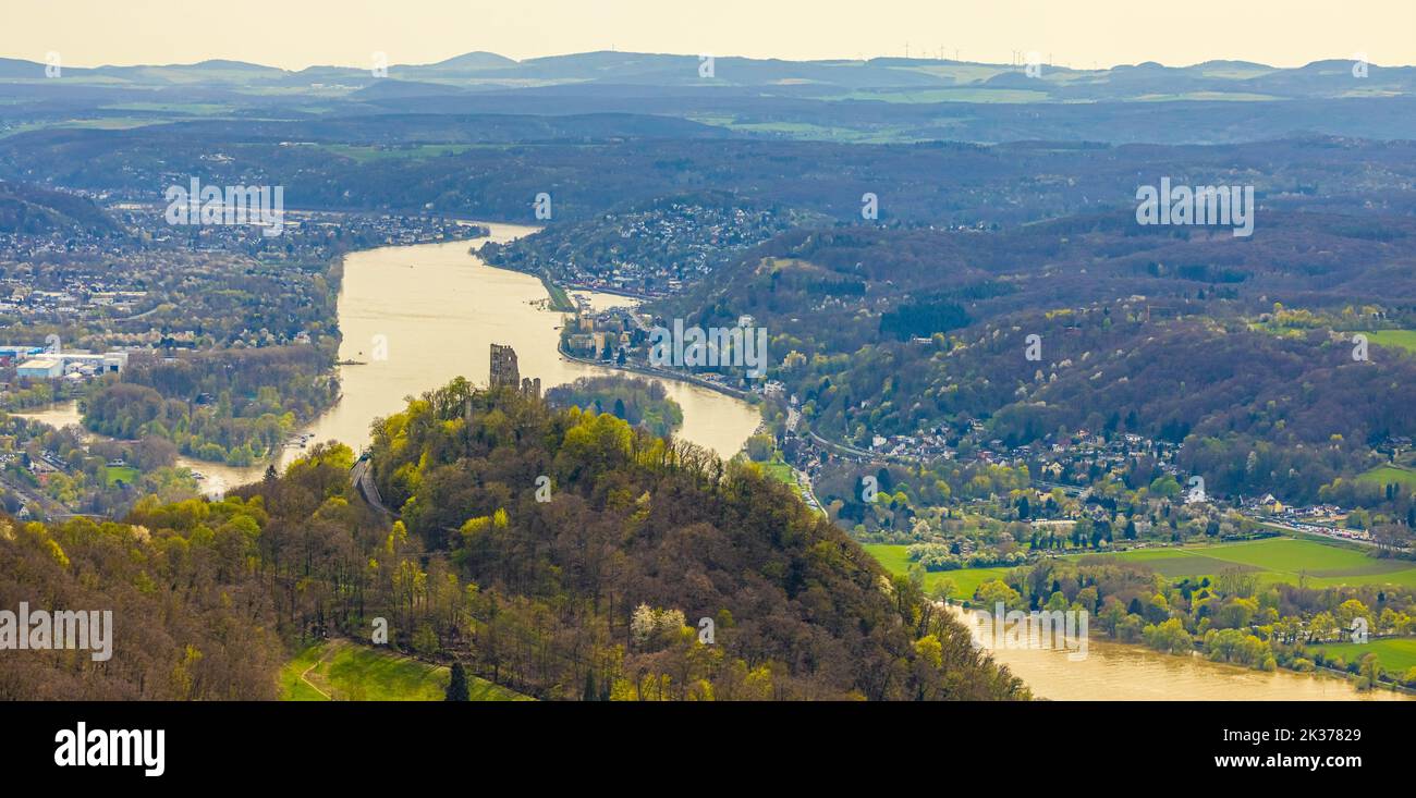 Veduta aerea, Drachenfels, rovine del castello medievale con vista sulla valle del Reno, Königswinter, Renania settentrionale-Vestfalia, Germania, Punto di vista, Bur Foto Stock
