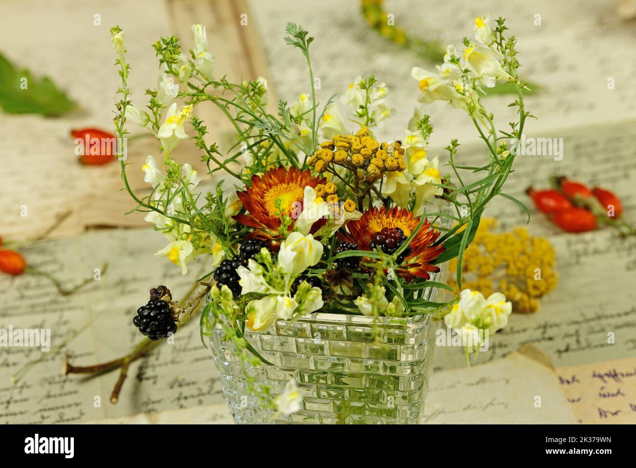 Decorazione da tavolo Midsummery con erbe, fiori e frutta - Closeup Foto Stock