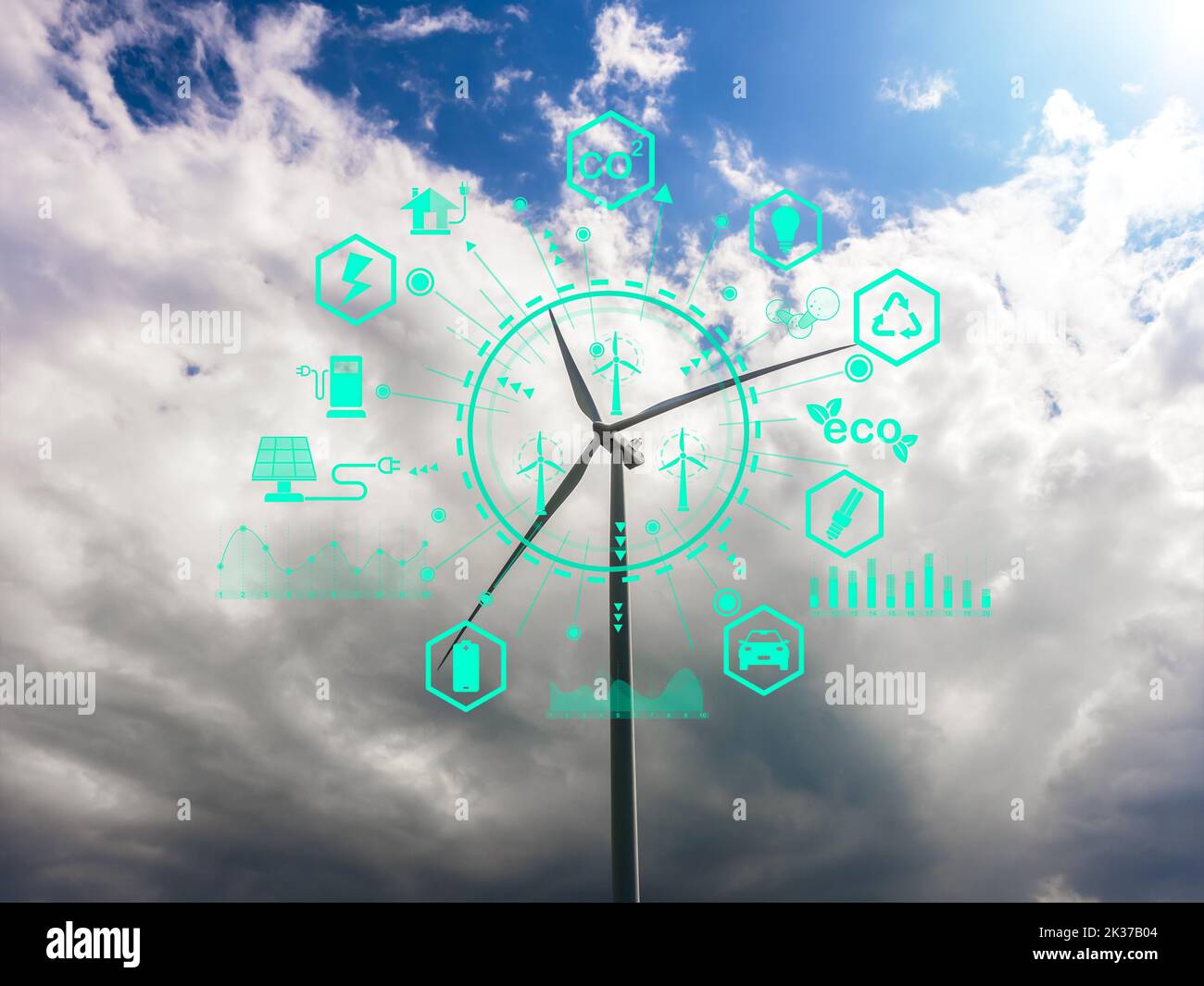 Energia e tecnologia ecologiche, sviluppo sostenibile e concetti di generazione di energia. Ossigeno, lampadina, riciclo, pannelli solari, energia e batteria Foto Stock