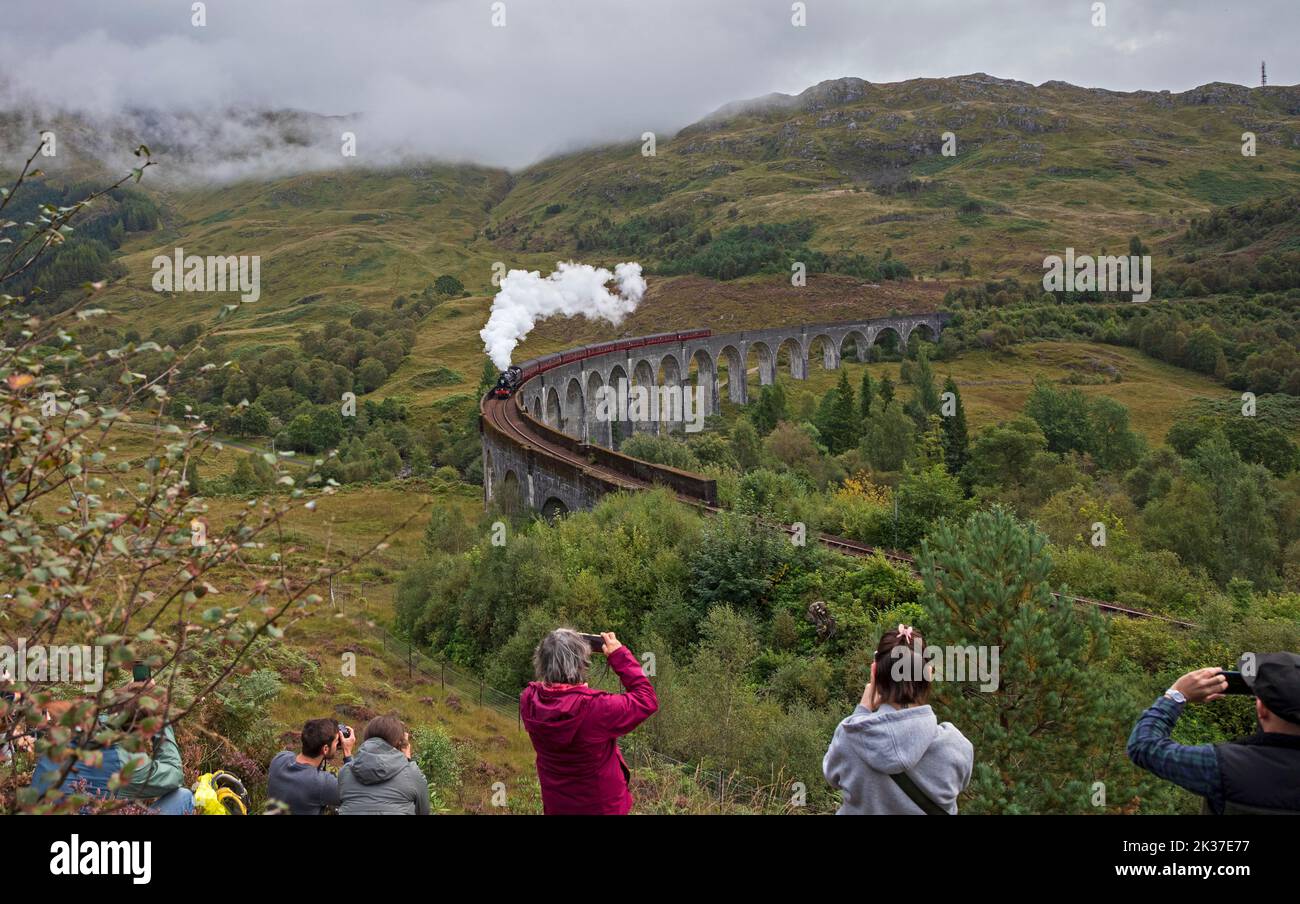 Fotografia turistica il treno a vapore Jacobite, Viadotto di Glenifinnan, Lochaber, Highlands scozzesi, Scozia, REGNO UNITO Foto Stock