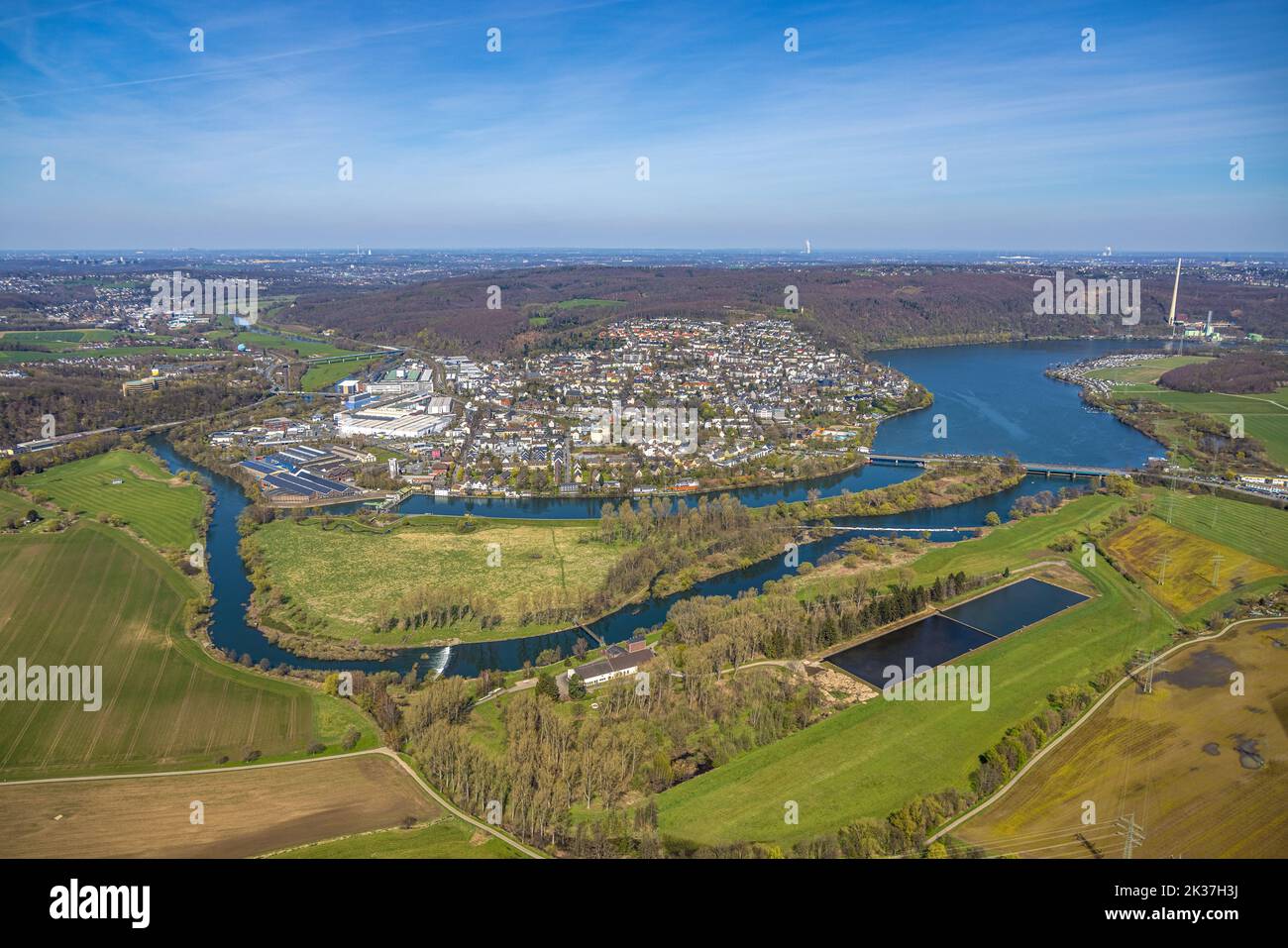 Vista aerea, vista luogo Wetter, fiume Ruhr e Obergraben con centrale elettrica Harkort, isola a den Weiden, opere d'acqua comunitarie Volmarstein, Harkorts Foto Stock