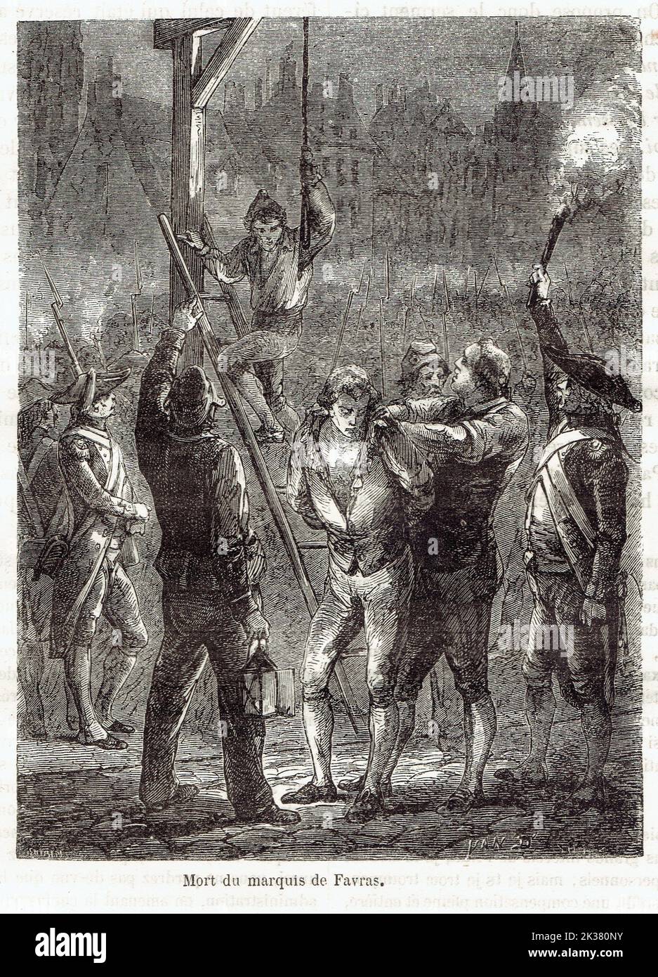 Révolution Francaise : Execution de Favras par pendaison, le soir, place de Grève, devant l'Hôtel-de-Ville, le 19 février 1790 Foto Stock