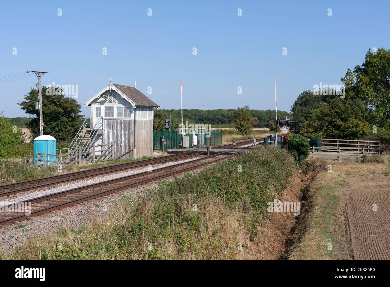 La scatola di segnalazione meccanica chiusa a Roxton Sidings (a sud di Harborough) la scatola di segnalazione chiusa 24/12/2015 Foto Stock