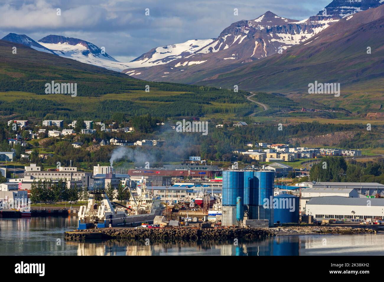 Industria in Eyjaffjordur, Akureyri, Islanda, Europa Foto Stock