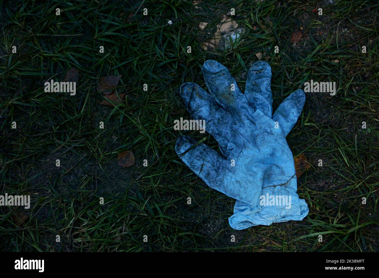 blu sporco guanto di gomma spazzatura su erba Foto Stock