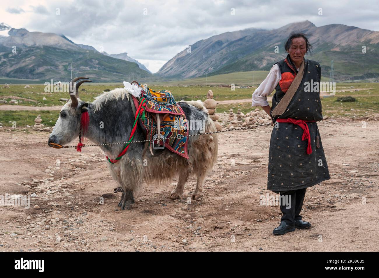 Pellegrino tibetano e un yak con sella colorata ed etnica in una piattaforma panoramica a est dei Monti Nyenchen Tanglha, a Damxung, Lhasa, Tibet. Foto Stock