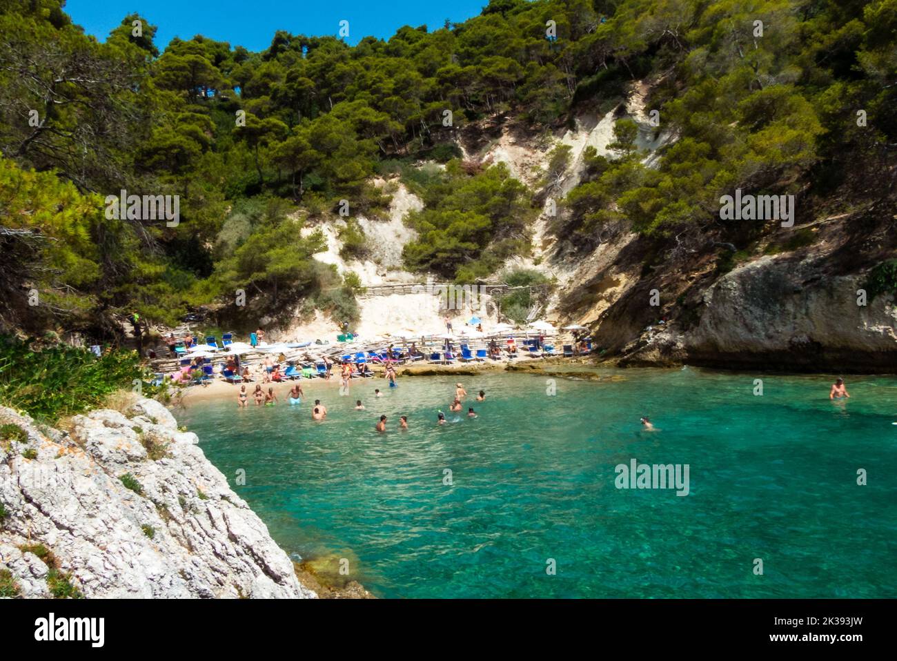 Una spiaggia idilliaca tra scogliere boscose sull'isola di San Domino nell'arcipelago delle Tremiti Foto Stock