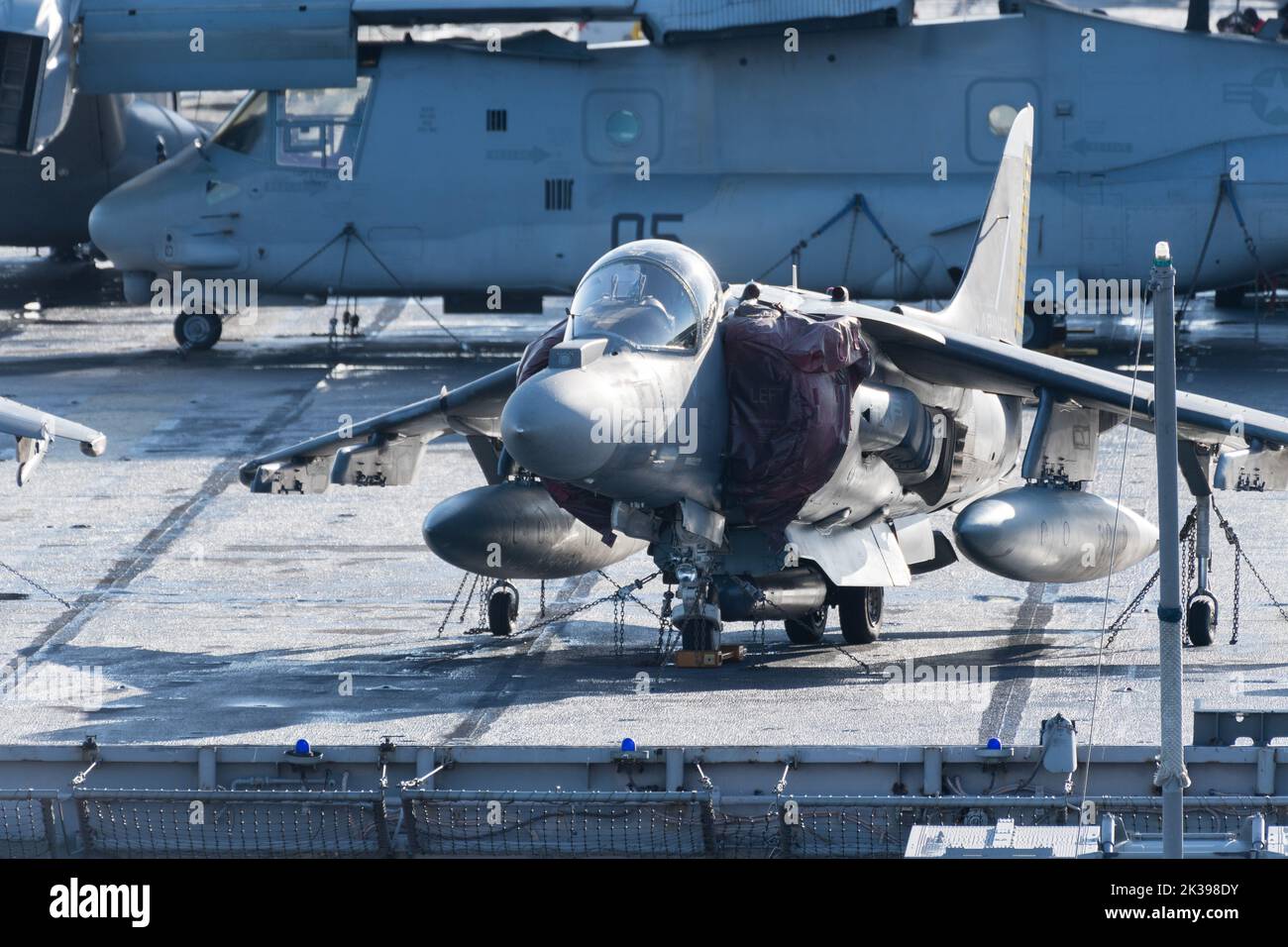 Bell Boeing V-22 Osprey V/STOL velivolo da trasporto militare e McDonnell Douglas AV-8B Harrier II V/STOL velivolo da terra sulla Marina statunitense a Wasp-clas Foto Stock