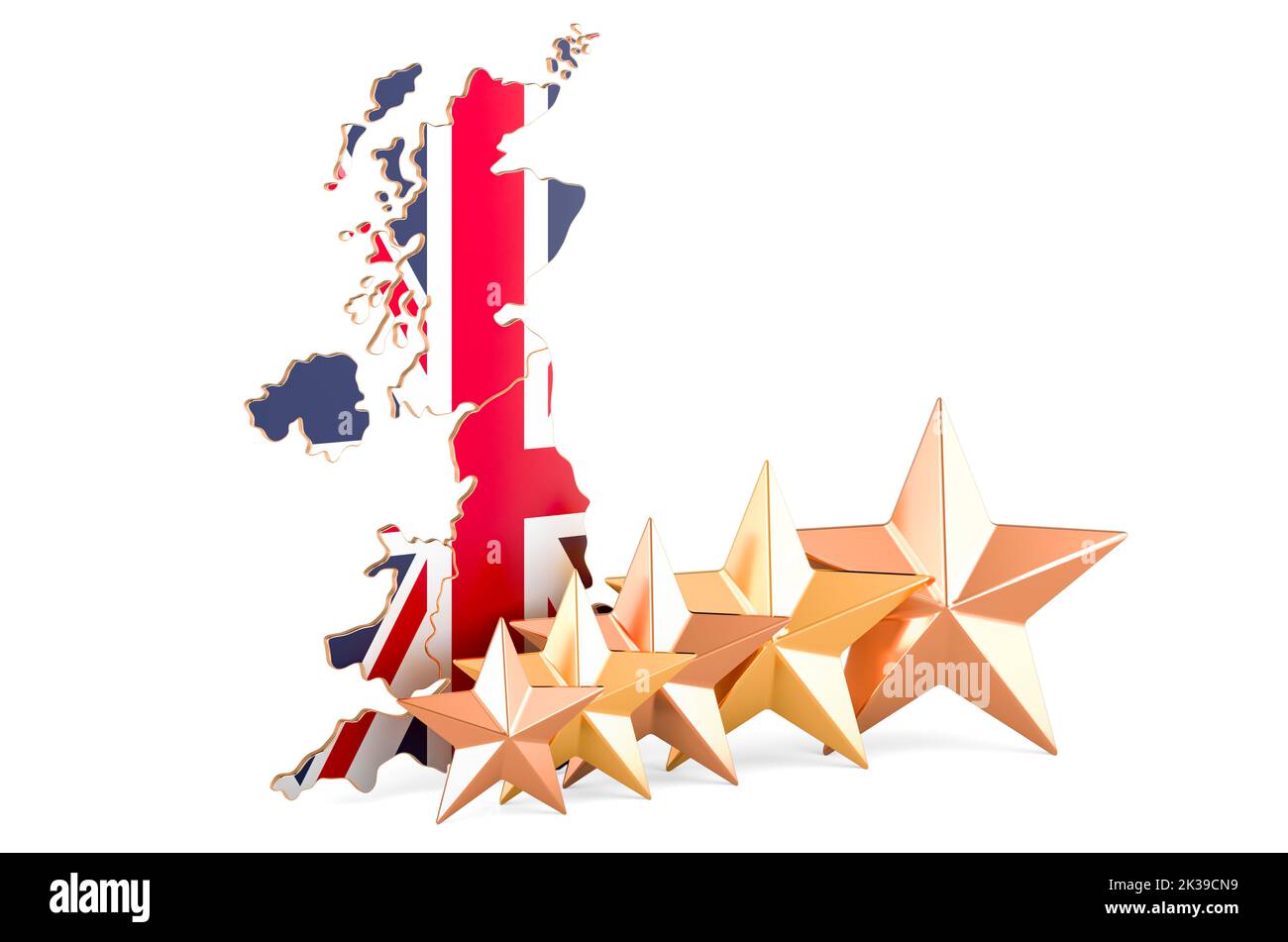 Mappa britannica a cinque stelle. Valutazione, qualità, servizio in Gran Bretagna. 3D rendering isolato su sfondo bianco Foto Stock