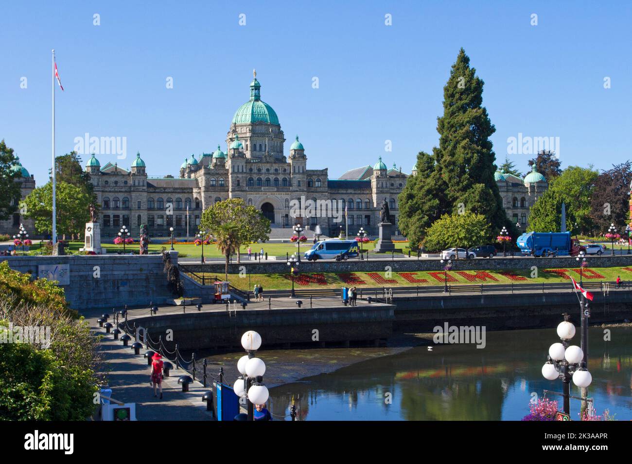 Una vista panoramica degli edifici del Parlamento della British Columbia a Victoria, British Columbia, Canada, sede dell'Assemblea legislativa della British Columbia Foto Stock