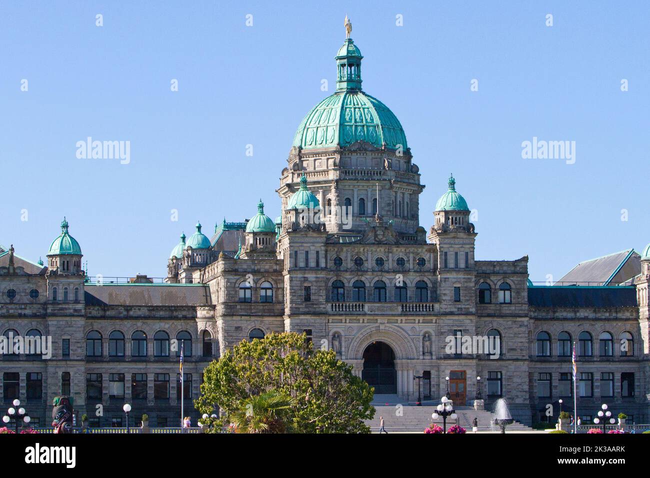 Una vista panoramica degli edifici del Parlamento della British Columbia a Victoria, British Columbia, Canada, sede dell'Assemblea legislativa della British Columbia Foto Stock