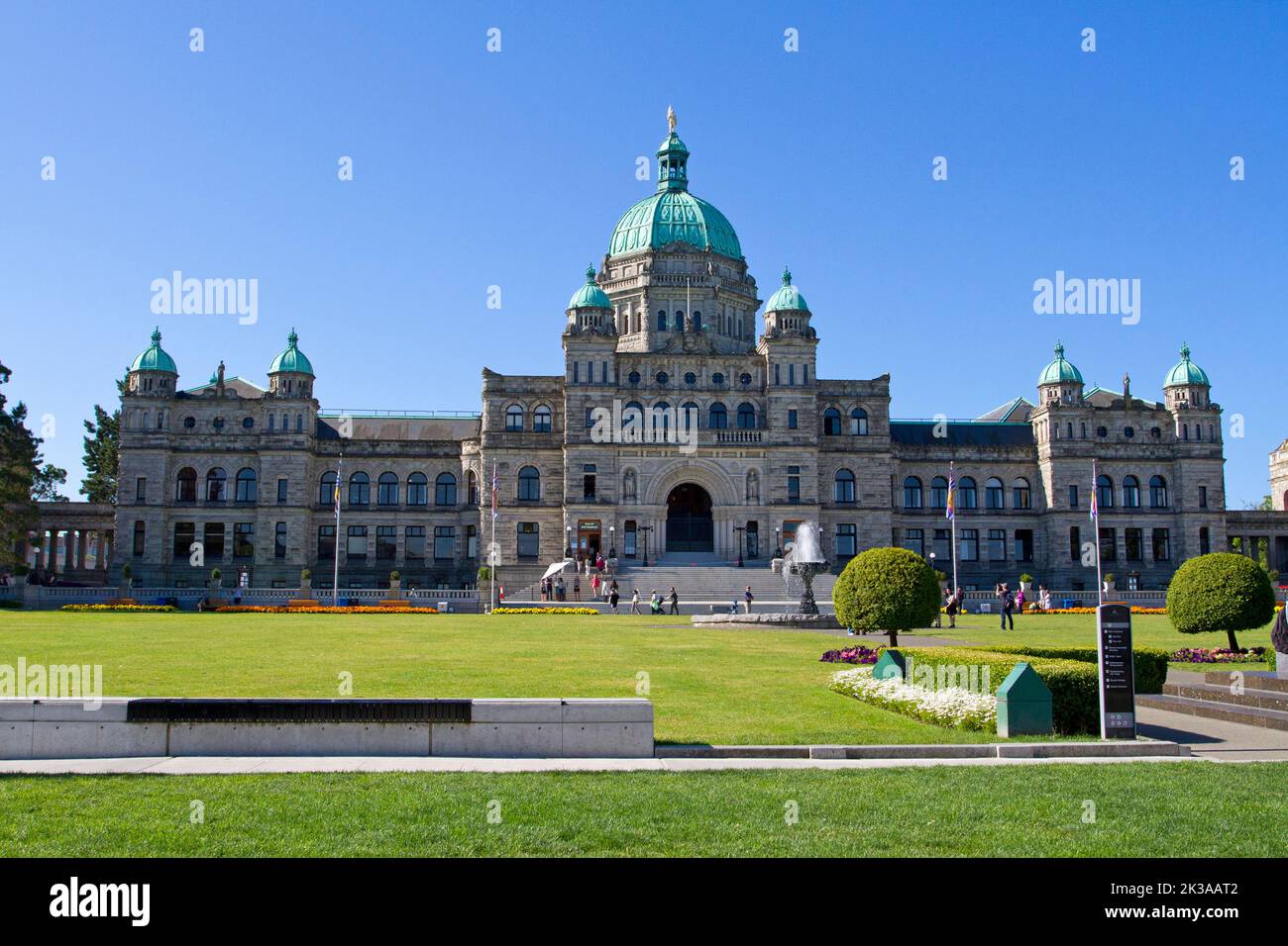 Una vista panoramica degli edifici del Parlamento della British Columbia a Victoria, British Columbia, Canada, sede dell'Assemblea legislativa della British Columbia Foto Stock