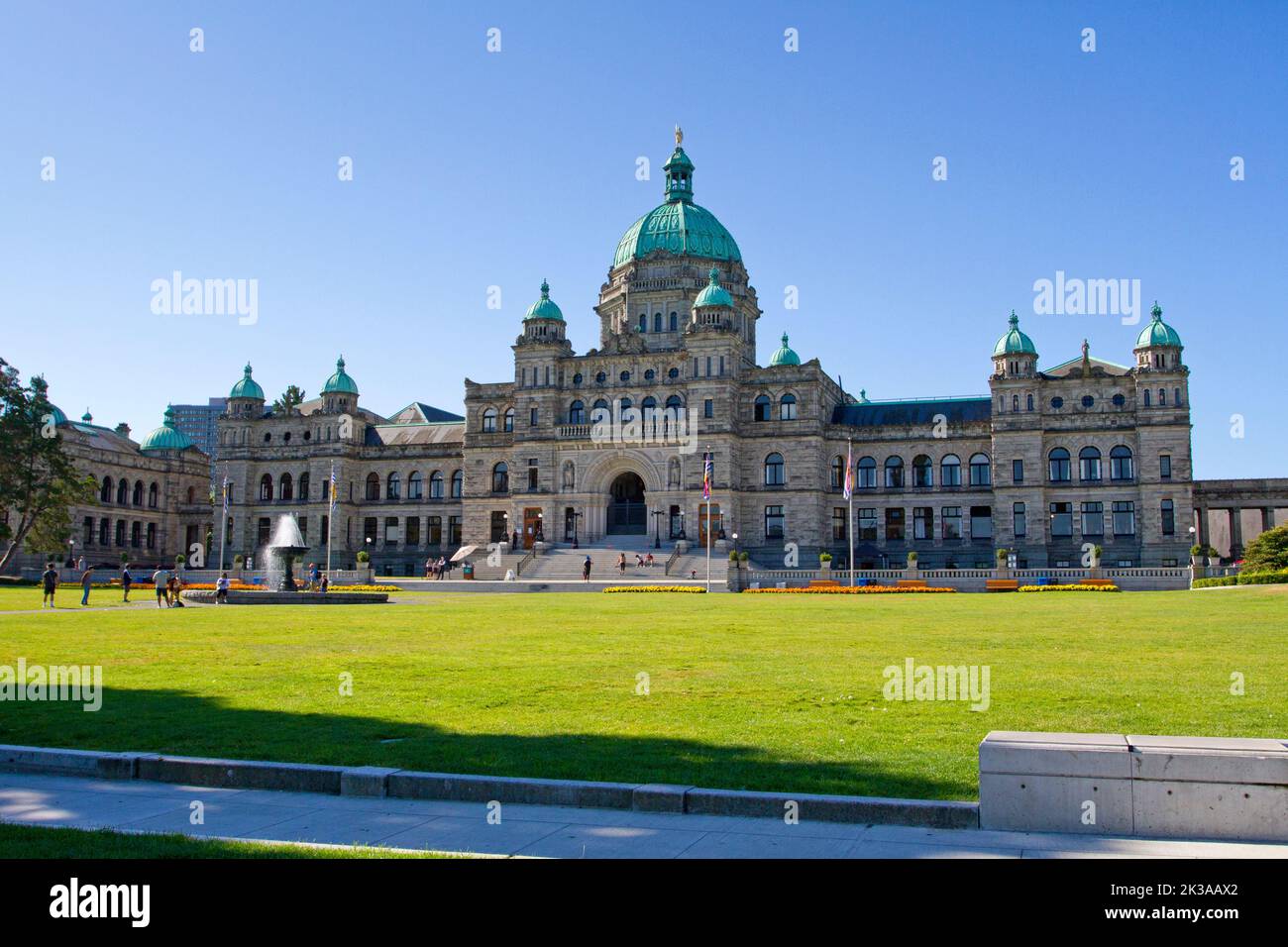 Una vista panoramica degli edifici del Parlamento della British Columbia a Victoria, British Columbia, Canada, sede dell'Assemblea legislativa della British Columbia Foto Stock