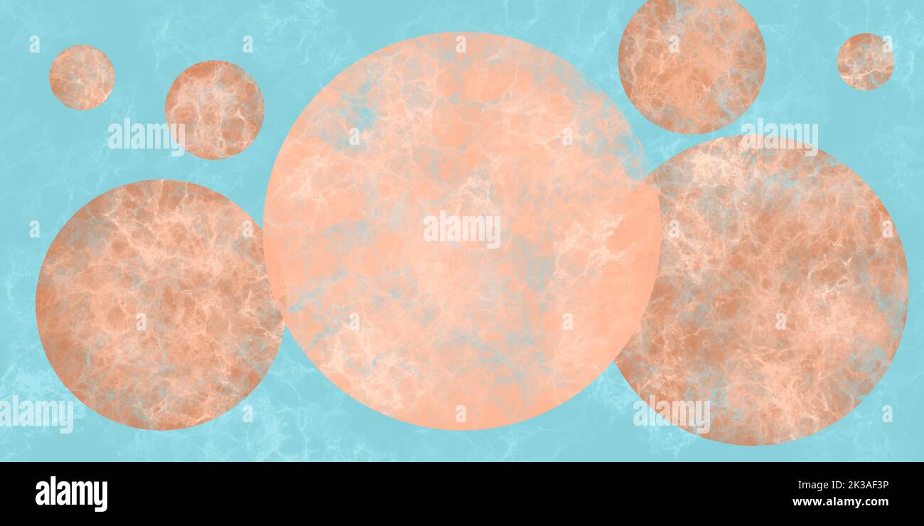 Sfondo acquerello di cerchi beige su sfondo blu con una texture marmorea. Foto Stock