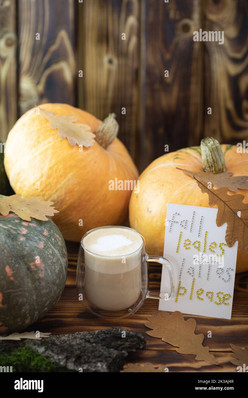 Caffè autunnale in una tazza con zucche e foglie di quercia, sullo sfondo della frase da rhinestones zucca spezia latte. Foto di alta qualità Foto Stock