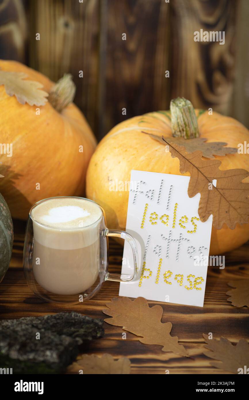 Caffè autunnale in una tazza con zucche e foglie di quercia, sullo sfondo della frase da rhinestones zucca spezia latte. Foto di alta qualità Foto Stock