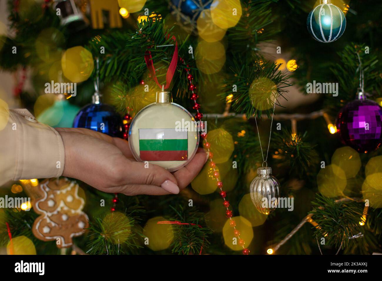 Primo piano delle ragazze che tengono una palla di Natale per un abete con la bandiera di Bulgaria. Nuovo anno in Bulgaria. Biglietto di auguri natalizio con c Foto Stock