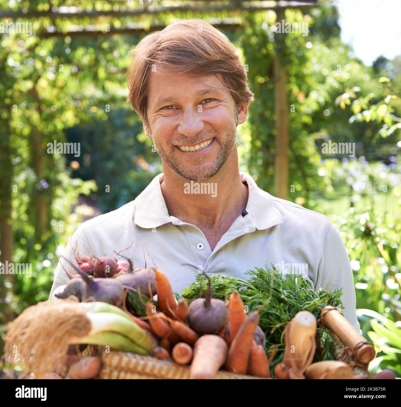 Crescere le mie verdure biologiche proprie. Un uomo maturo che tiene un cesto di verdure nel suo giardino. Foto Stock Crescere le mie verdure biologiche proprie. Un uomo maturo che tiene un cesto di verdure nel suo giardino. Foto Stock
